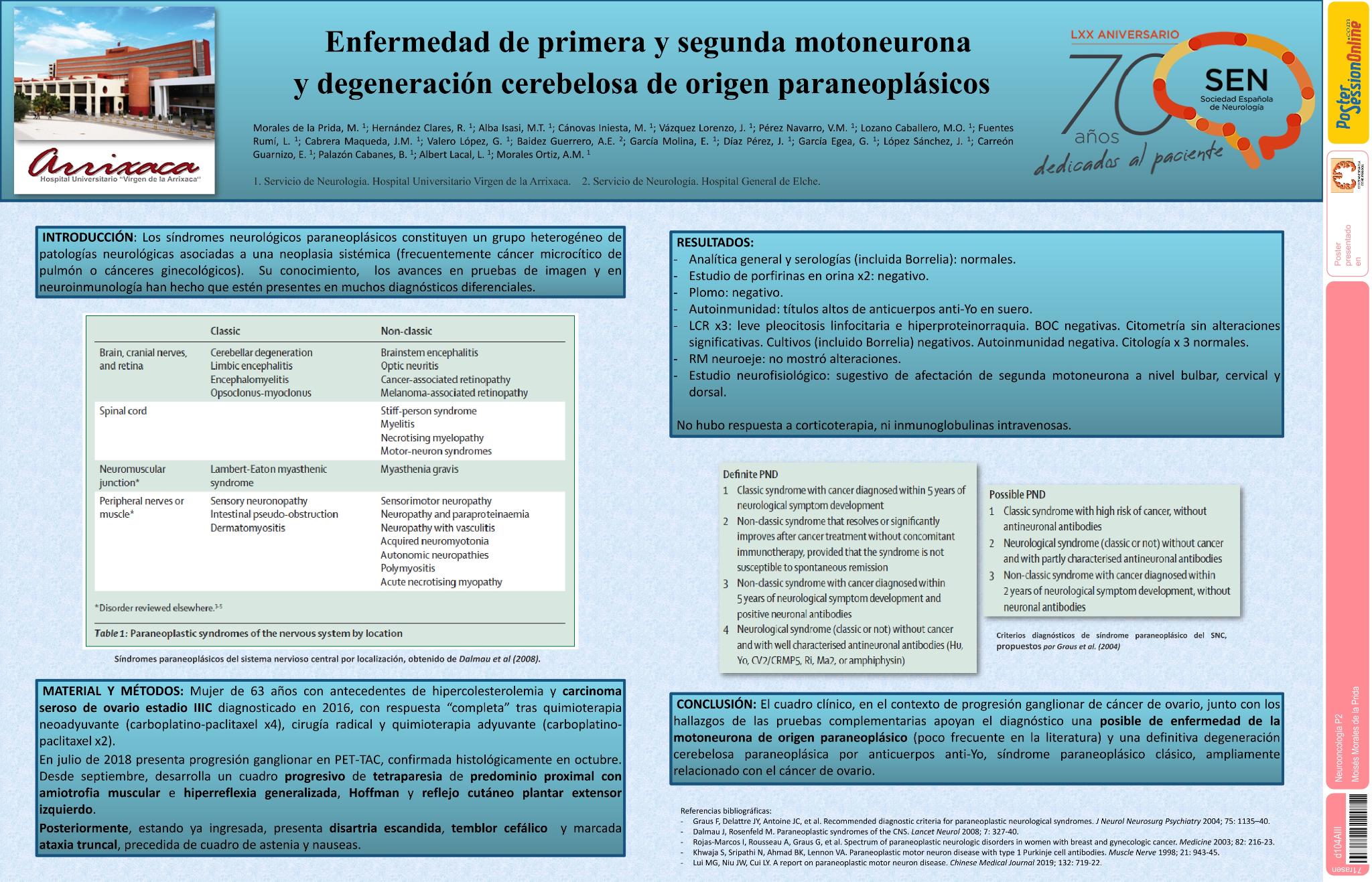 Enfermedad de primera y segunda motoneurona y degeneración cerebelosa de origen paraneoplásico