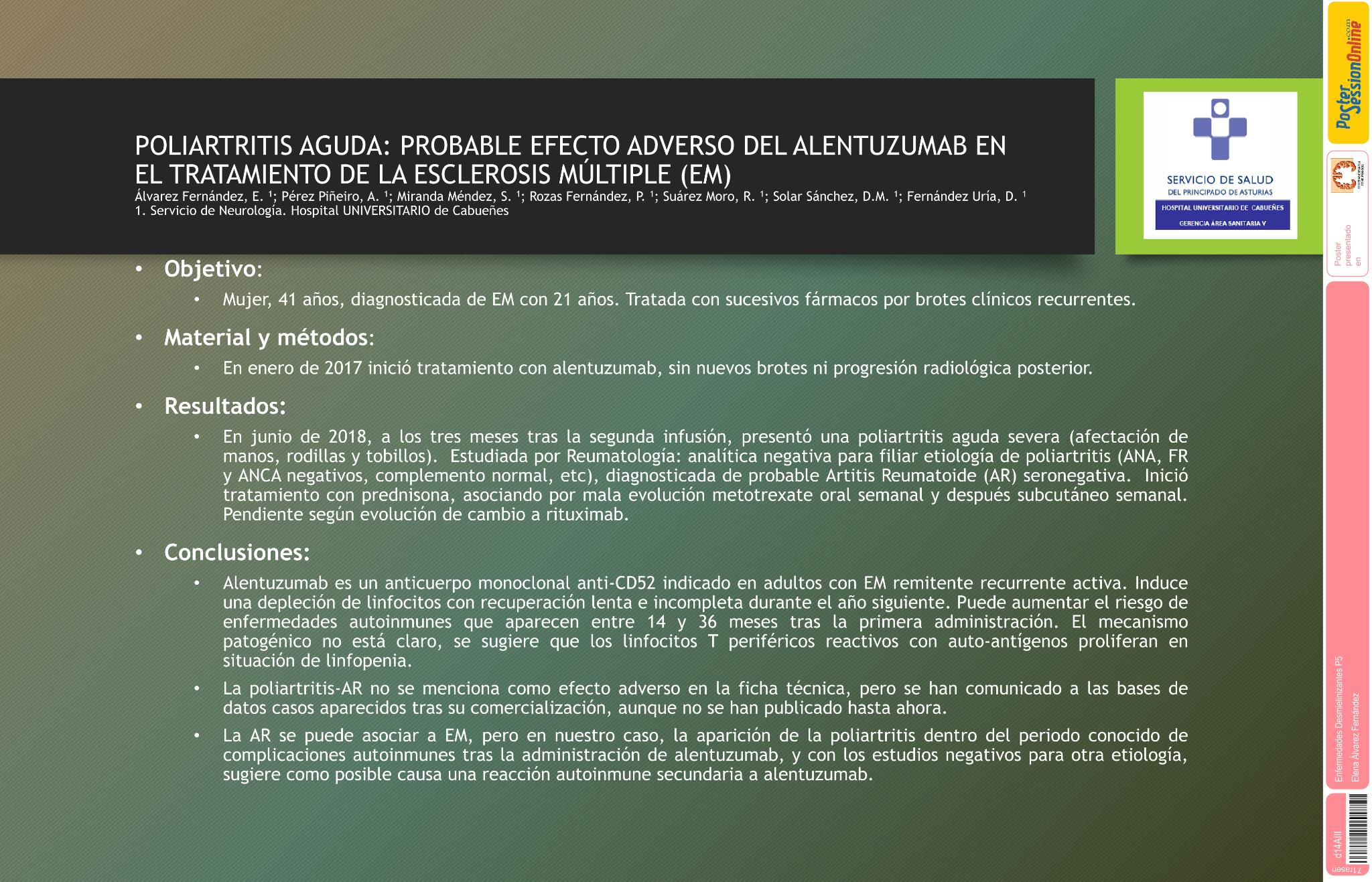 Poliartritis aguda: probable efecto adverso del alentuzumab en el tratamiento de la esclerosis múltipla (EM)