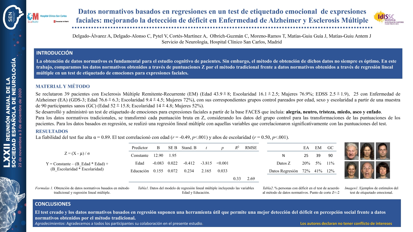 Datos normativos basados en regresiones en un test de etiquetado emocional de expresiones faciales: mejorando la detección de déficit en Esclerosis Múltiple y Enfermedad de Alzheimer