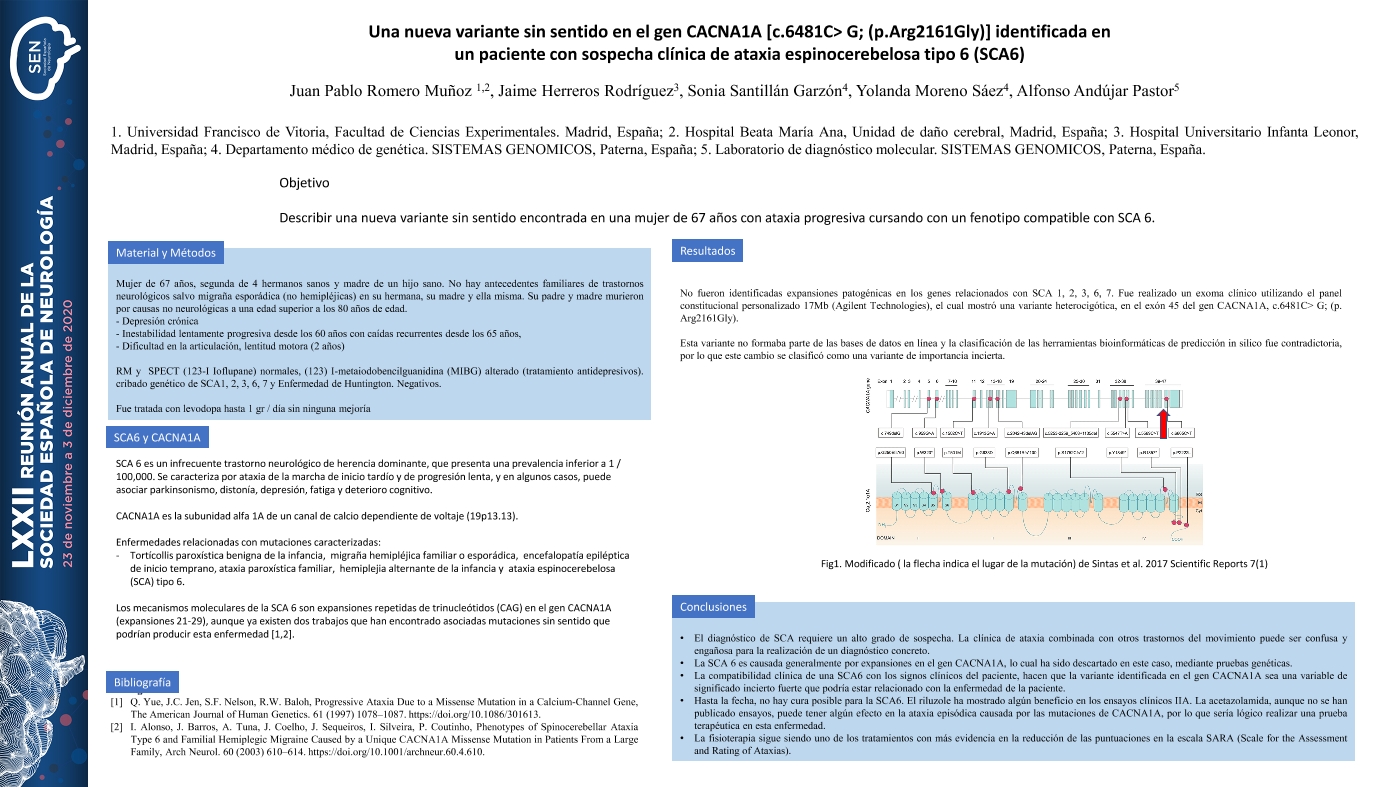 Una nueva variante sin sentido en el gen CACNA1A [c.6481C> G; (p.Arg2161Gly)] identificada en un paciente con sospecha clínica de ataxia espinocerebelosa tipo 6 (SCA6)