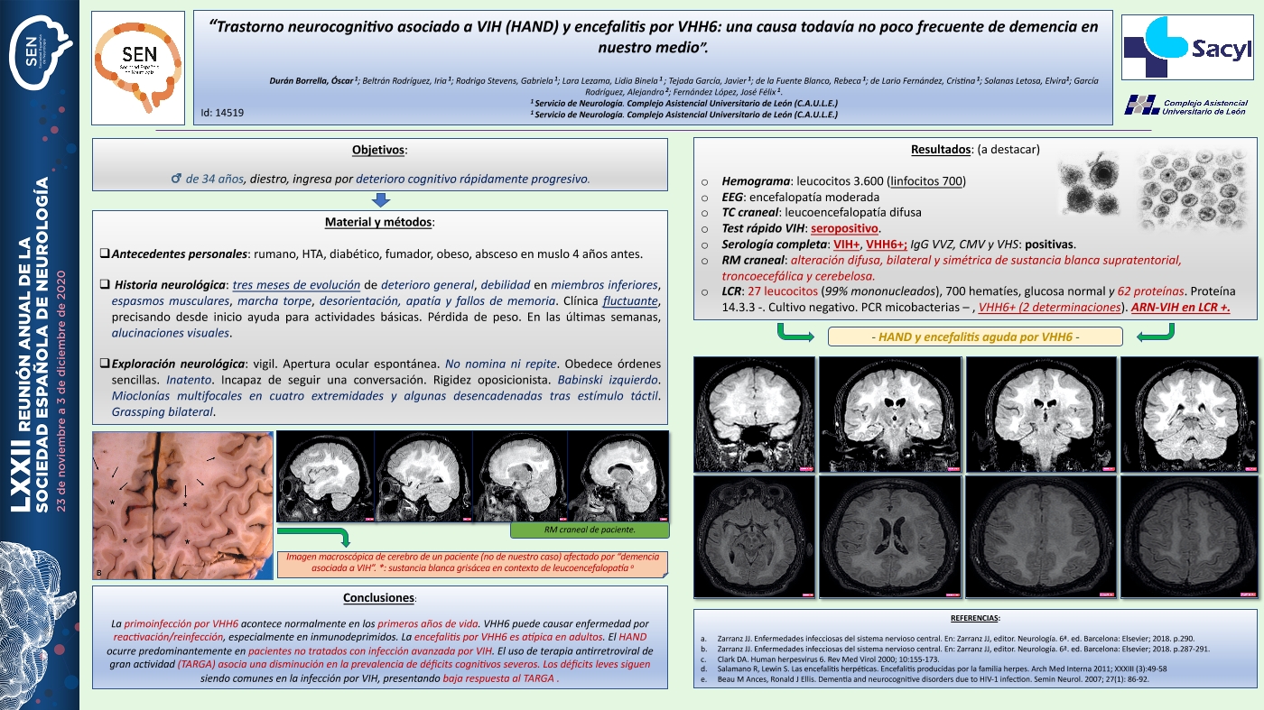 Trastorno neurocognitivo asociado a VIH (HAND) y encefalitis por VHH6: una causa todavía no poco frecuente de demencia en nuestro medio