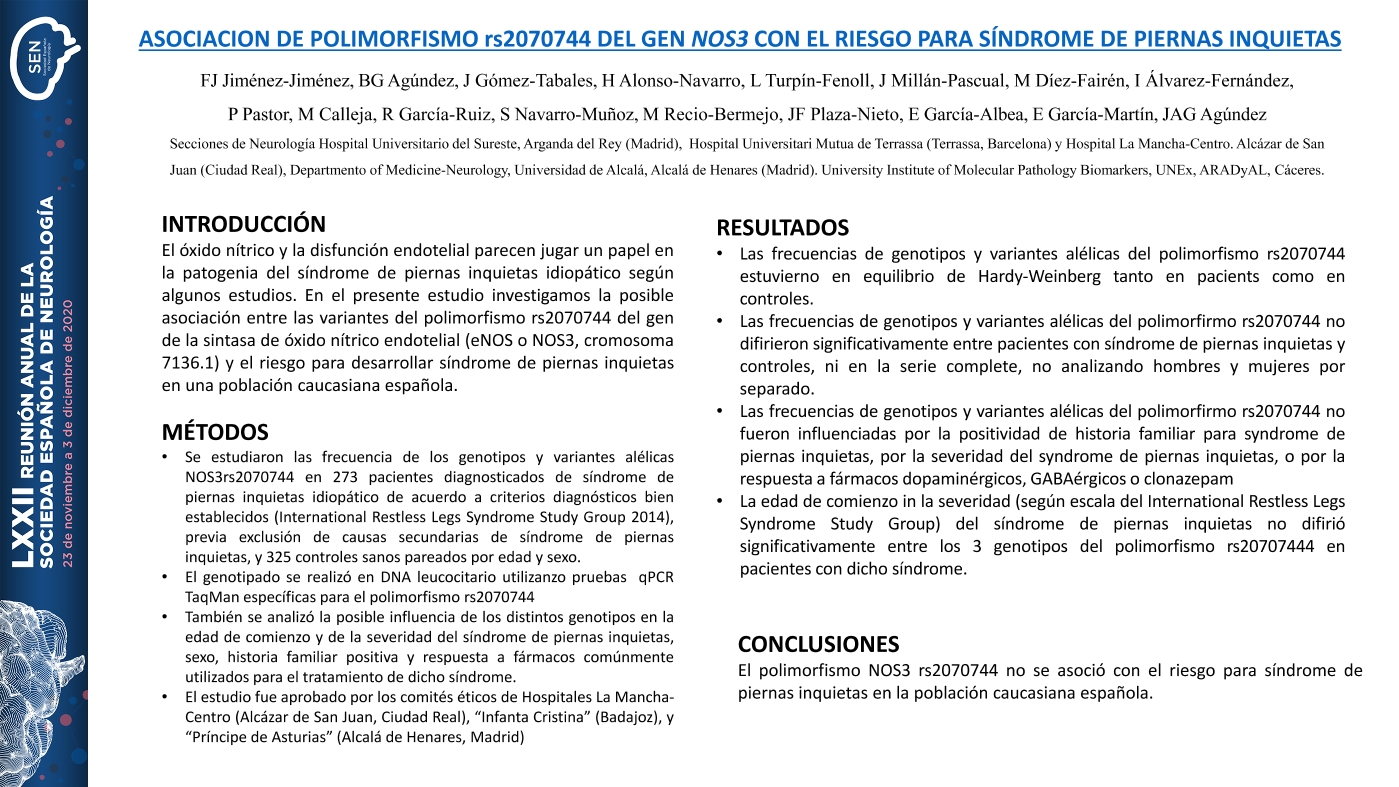 Asociacion de polimorfismo rs2070744 del gen NOS3 con el riesgo para sindrome de piernas inquietas