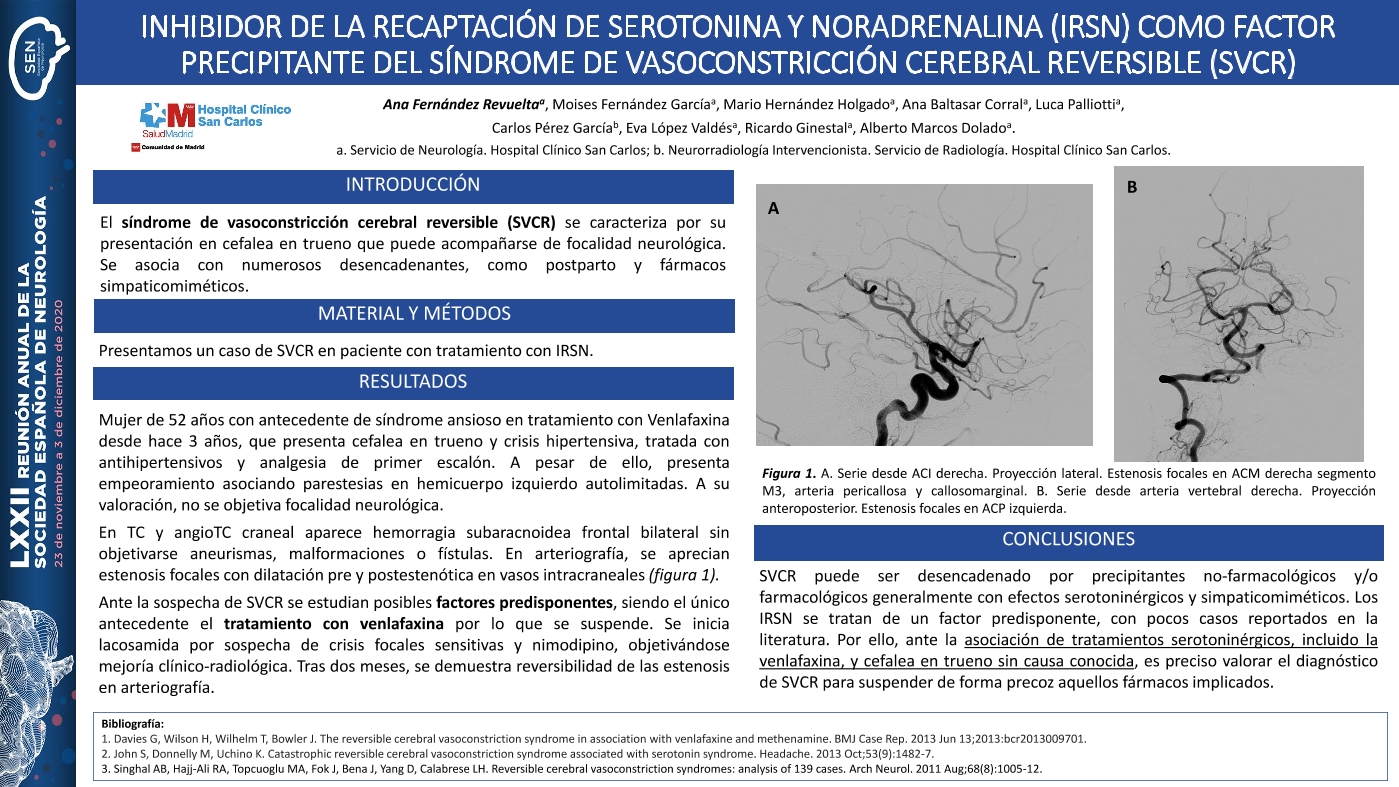 Inhibidor de la recaptación de serotonina y noradrenalina (IRSN) como factor precipitante del síndrome de vasoconstricción cerebral reversible (SVCR)