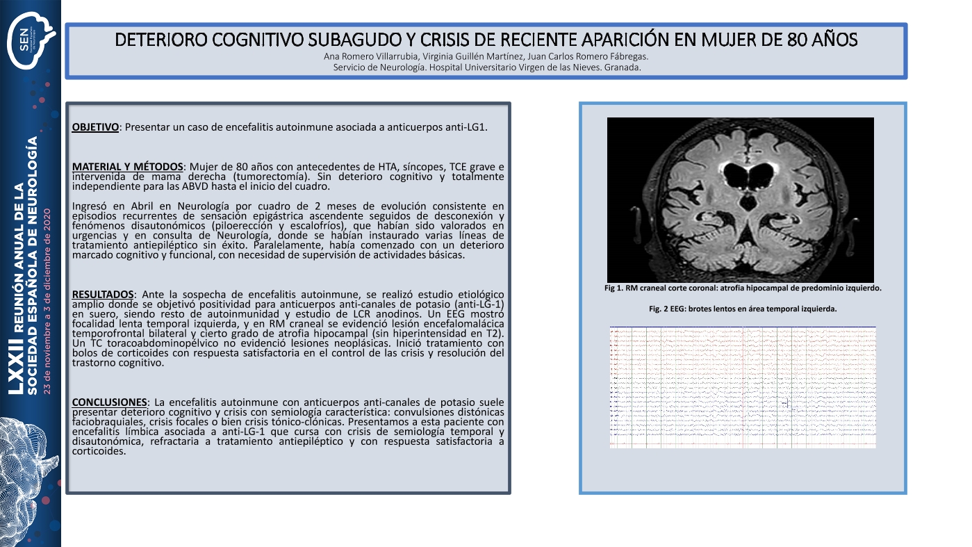 Deterioro cognitivo subagudo y crisis de reciente aparición en mujer de 80 años.