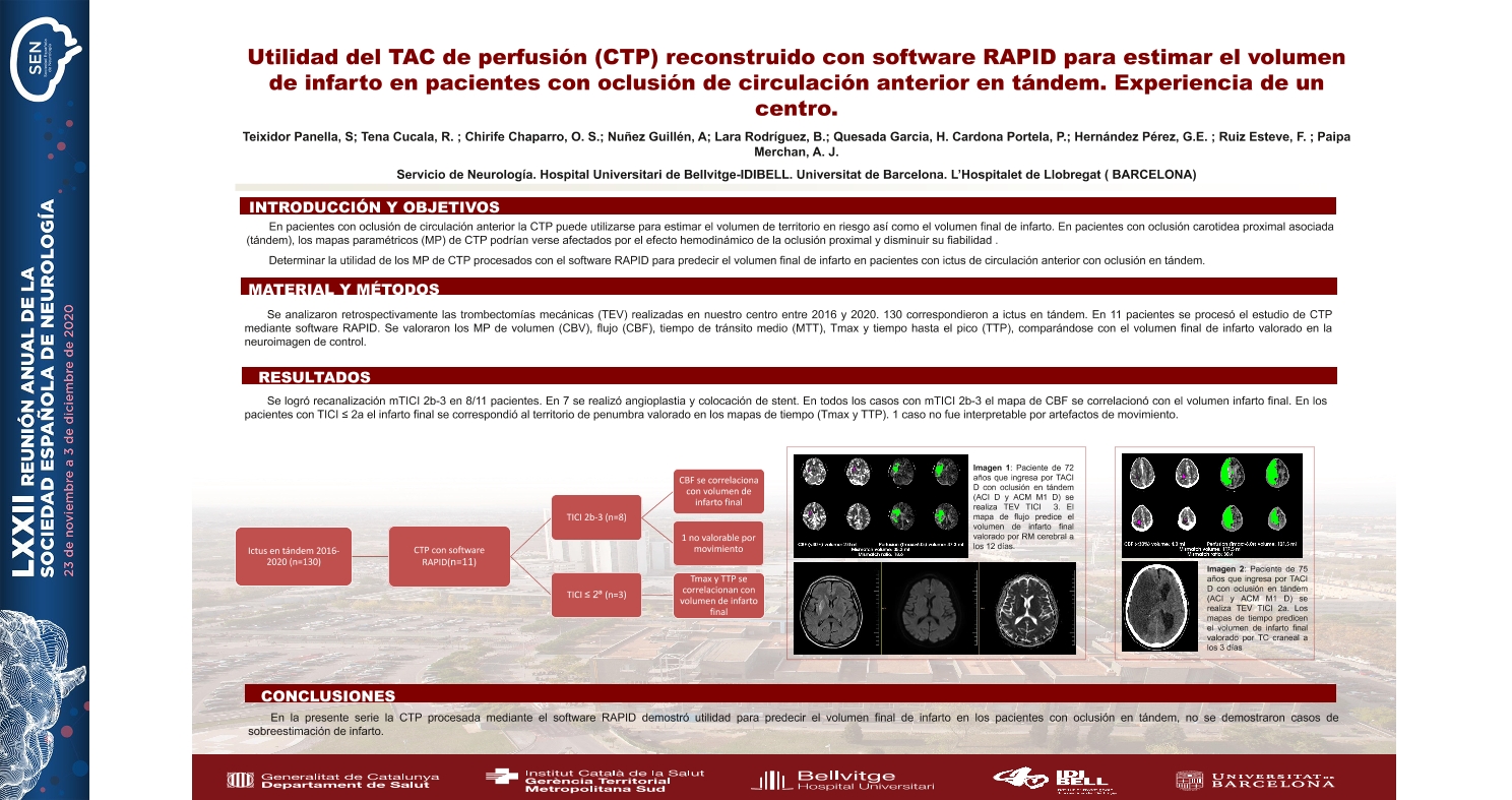 Utilidad del TAC de perfusión (CTP) reconstruido con software RAPID para estimar el volumen de infarto en pacientes con oclusión de circulación anterior en tándem. Experiencia de un centro