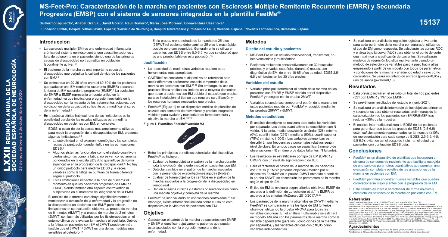 MS-Feet-Pro: Caracterización de la marcha en pacientes con Esclerosis Múltiple Remitente Recurrente (EMRR) y Secundaria Progresiva (EMSP) con el sistema de sensores integrados en la plantilla FeetMe®