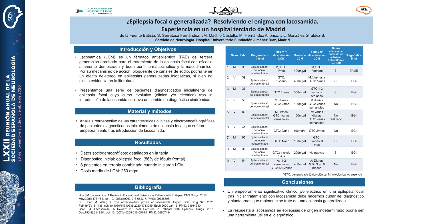 ¿Epilepsia focal o generalizada?  Resolviendo el enigma con lacosamida. Experiencia en un hospital terciario de Madrid