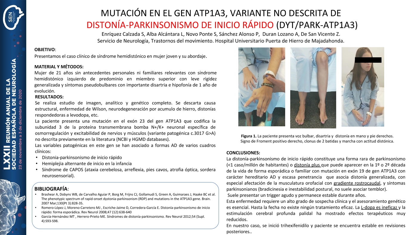 Mutación en el gen ATP1A3, variante no descrita de distonia-parkinsonismo de inicio rápido (DYT/PARK-ATP1A3)