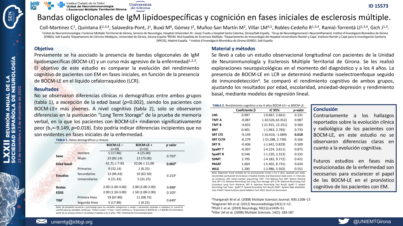 Bandas oligoclonales de IgM lipidoespecíficas y cognición en fases iniciales de esclerosis múltiple