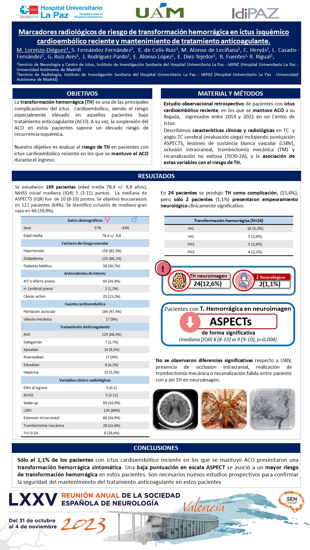 Marcadores radiológicos de riesgo de transformación hemorrágica en ictus isquémico cardioembólico reciente y mantenimiento de tratamiento anticoagulante