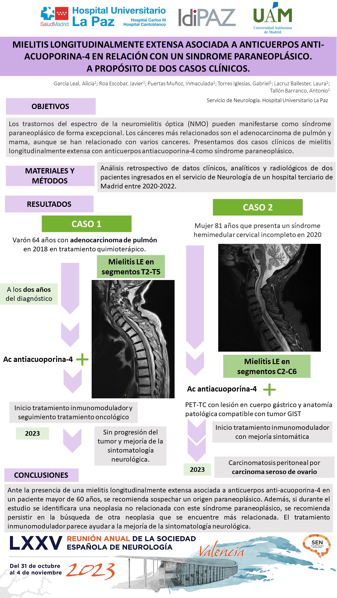 Mielitis longitudinalmente extensa asociada a anticuerpos anti-acuoporina-4 en relación con un síndrome paraneoplásico. A propósito de dos casos clínicos