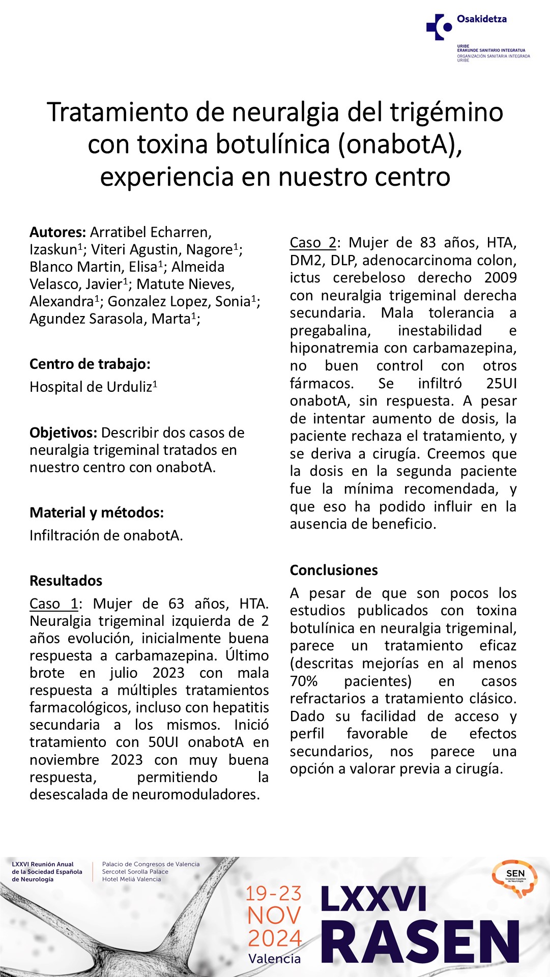 Tratamiento de neuralgia del trigémino con toxina botulínica (onabotA), experiencia en nuestro centro