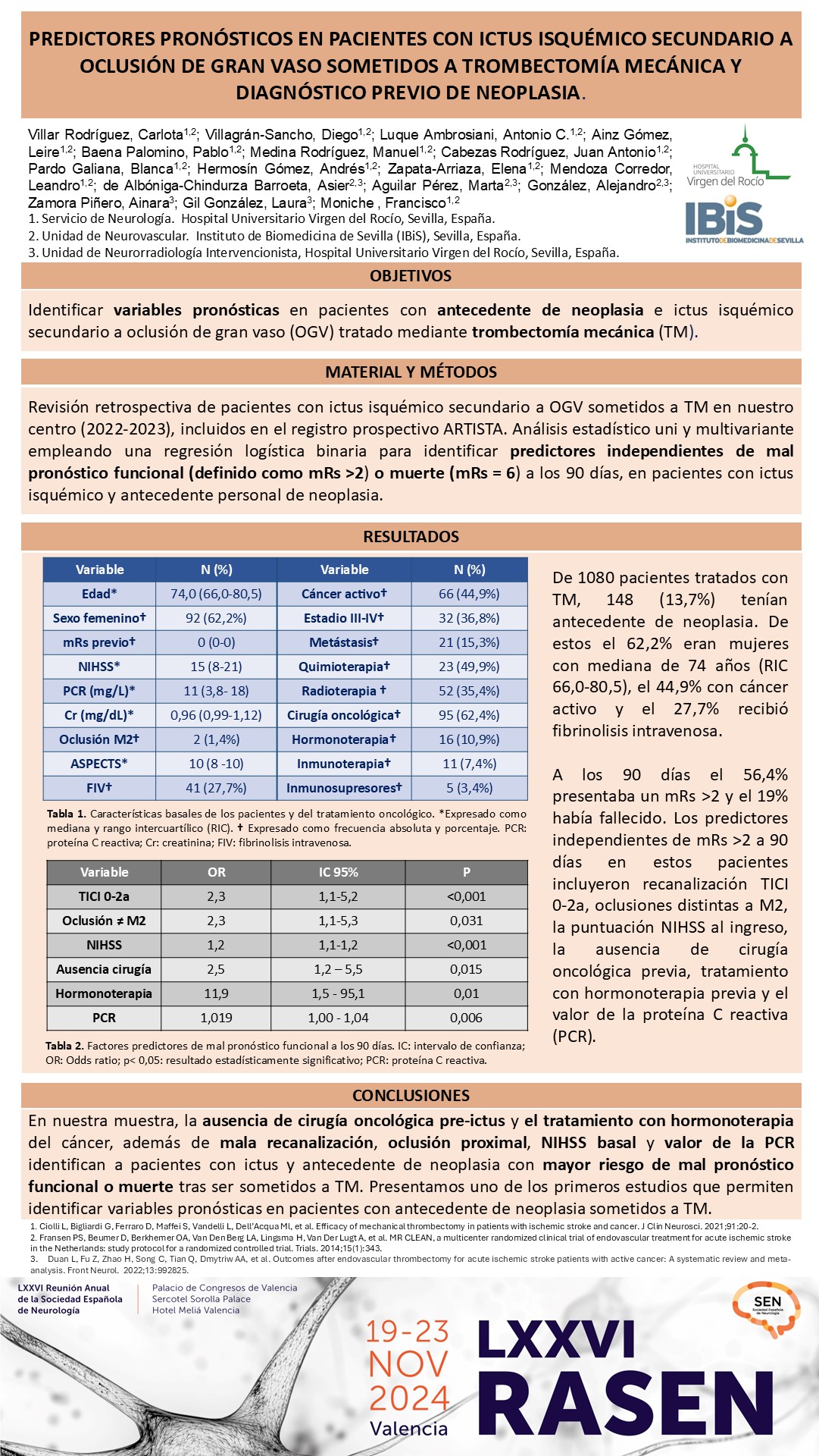Predictores pronósticos en pacientes con ictus isquémico secundario a oclusión de gran vaso sometidos a trombectomía mecánica y diagnóstico previo de neoplasia