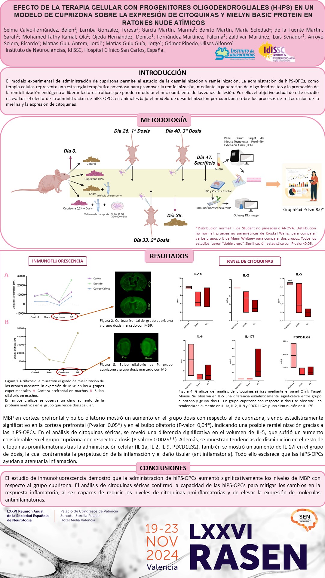 Efecto de la terapia celular con progenitores oligodendrogliales (h-iPS) en un modelo de cuprizona sobre la expresión de citoquinas y Mielyn Basic Protein en ratones nude atímicos 