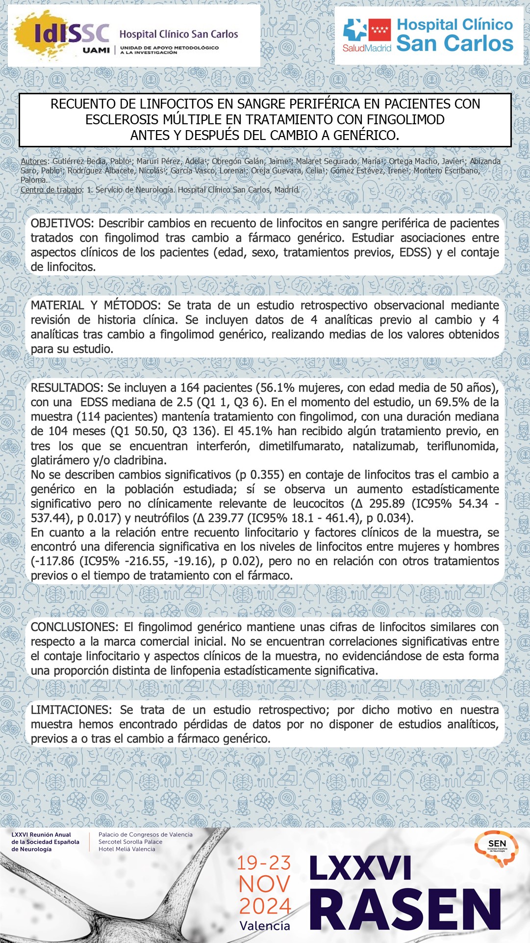 Recuento de linfocitos en sangre periférica en pacientes con Esclerosis Múltiple en tratamiento con fingolimod antes y después del cambio a genérico